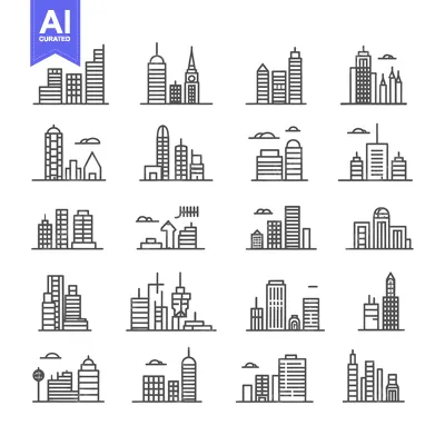 Aset desain premium: A Set of 20 Line Drawings Depicting City Skylines