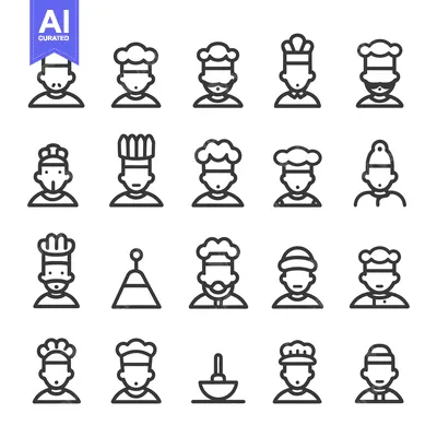 Aset desain premium: A Set of 20 Line Icons Depicting Chefs in Various Hats and Styles