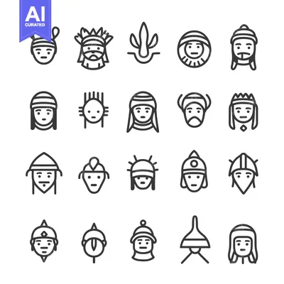 Aset premium populer: A Set of 20 Line Icons Depicting Various Headwear and Facial Features