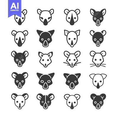 Premium design asset: A Set of 20 Simple Black and White Koala, Fox, and Mouse Animal Head I