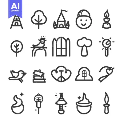 Aset desain premium: A Set of 20 Simple Black and White Line Art Icons Related to Magic and