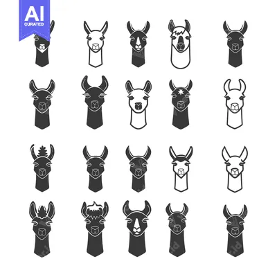 Popular premium asset: A Set of 20 Unique Llama Head Silhouettes in Black and White