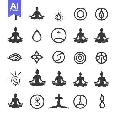 A Set of 24 Black and White Illustrations of  Yoga Poses, Symbols, and