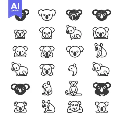 A Set of 24 Black and White Koala Icons in Various Poses