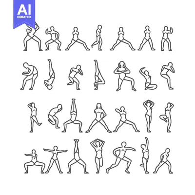 Aset desain premium: A Set of 24 Outline Illustrations of Various Yoga Poses