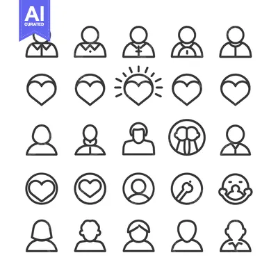 Popular premium asset: A Set of 25 Black and White Line Icons Depicting People and Hearts