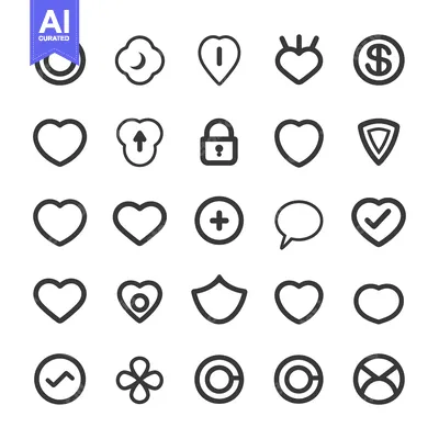 Aset premium populer: A Set of 25 Line Art Icons Featuring Hearts, Circles, and Other Shapes