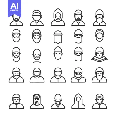 Aset premium populer: A Set of 25 Line Icons Depicting Different Styles of Muslim Headwear a