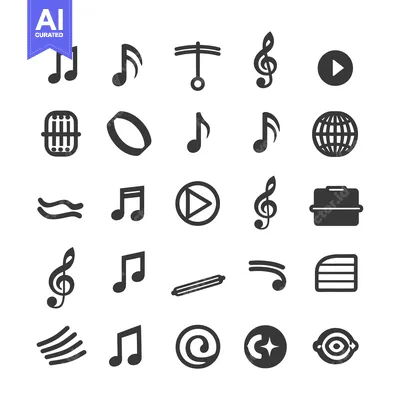 Aset desain premium: A Set of 25 Music-Themed Icons, Including Notes, Symbols, and Playback