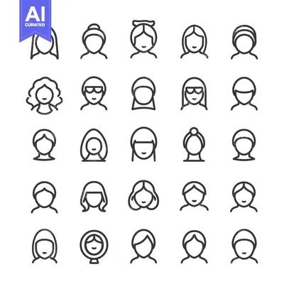 A Set of 25 Outline Icons Depicting Different Female Hairstyles and He