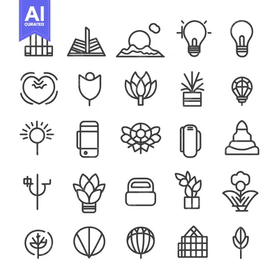 Aset premium populer: A Set of 25 Outline Icons Depicting Various Plants, Flowers, and Natur