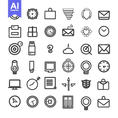 Aset desain premium: A Set of 36 Black and White Line Icons Depicting Various Business and