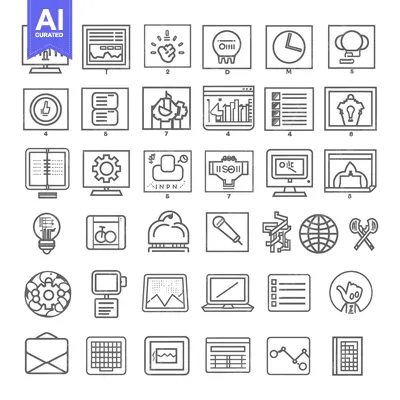Premium design asset: A Set of 36 Grey Line Icons Depicting Various Business and Technology