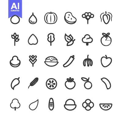 Aset desain premium: A Set of 36 Simple Line Icons Depicting Various Fruits and Vegetables