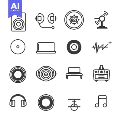 Aset desain premium: A Set of Audio Equipment and Music-Related Icons in Black and White