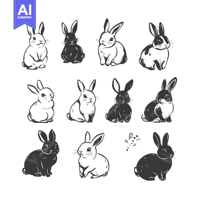 Aset premium populer: A Set of Black and White Cartoon Rabbits Sitting on a White Background