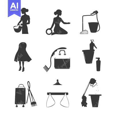 Popular premium asset: A set of black and white cleaning icons, featuring a woman cleaning, b