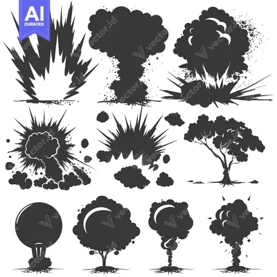 Aset desain premium: A Set of Black and White Explosions and Trees