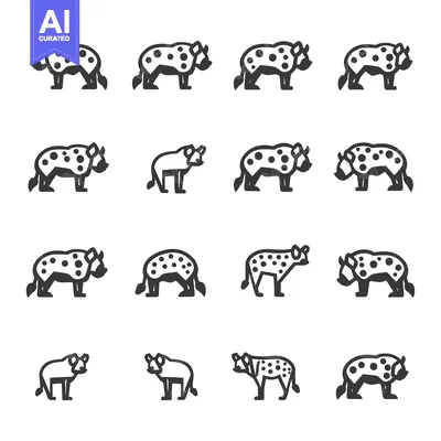 Aset desain premium: A set of black and white hyena illustrations in various poses