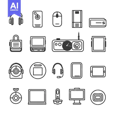 Aset premium populer: A Set of Black and White Icons Depicting Various Technology Devices