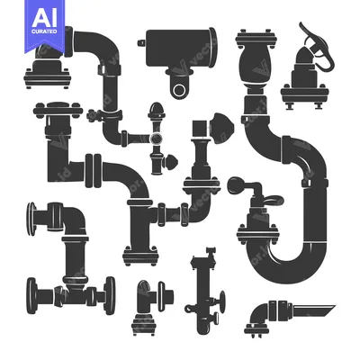 Aset desain premium: A Set of Black and White Illustrations Depicting Various Pipes and Val