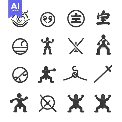 Aset desain premium: A Set of Black and White Kung Fu Style Icons
