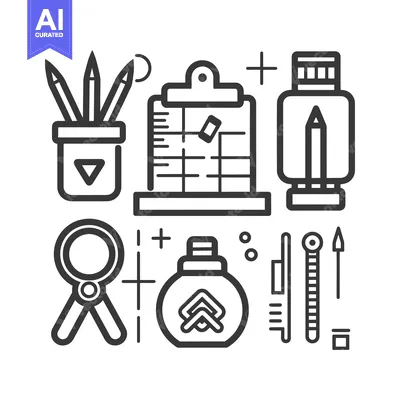 Aset premium populer: A Set of Black and White Line Drawings Depicting Tools Used for Drafti