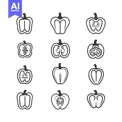 Aset desain premium: A set of black and white line drawings of bell peppers in various stag