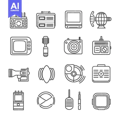 A Set of Black and White Line Drawings of Retro Media Devices