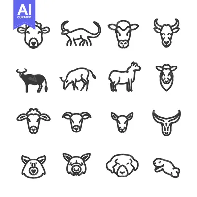 Aset desain premium: A Set of Black and White Line Drawings of Various Farm Animals