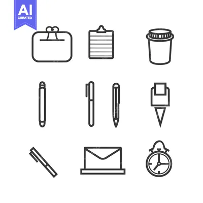 Aset premium populer: A Set of Black and White Line Icons for Office Supplies and Tools