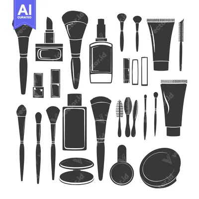 Aset desain premium: A Set of Black and White Makeup Brushes, Bottles, and Tubes