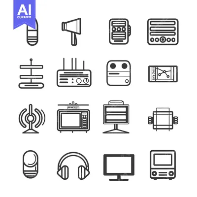 Aset desain premium: A Set of Black and White Outline Icons Depicting Various Electronic De