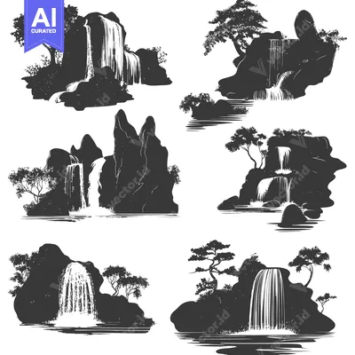 A Set of Black and White Silhouettes of Waterfalls in Various Landscap