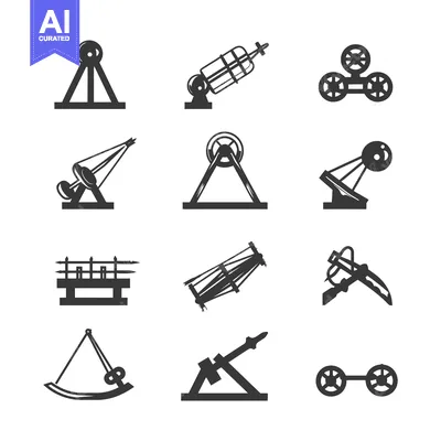 Aset desain premium: A Set of Black and White Simple Medieval Siege Weapon Icons