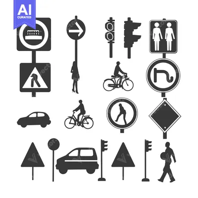 Aset desain premium: A Set of Black and White Traffic and Pedestrian Signs