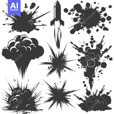 Aset desain premium: A Set of Black Silhouettes Depicting Various Explosions and a Rocket