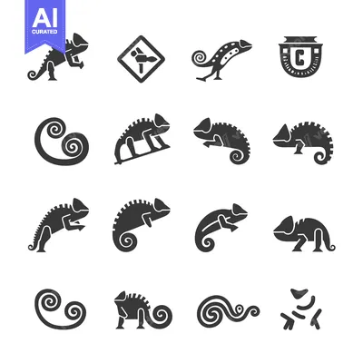 Aset premium populer: A Set of Chameleon Silhouette Icons with a Swirling Tail
