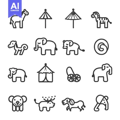 Aset premium populer: A Set of Cute Animal and Circus Icons in a Black and White Style