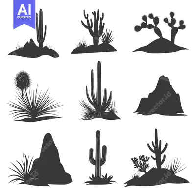 Aset desain premium: A Set of Desert Cacti and Rock Silhouettes