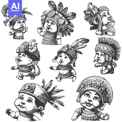 Aset desain premium: A Set of Eight Adorable Babies Dressed in Native American Regalia