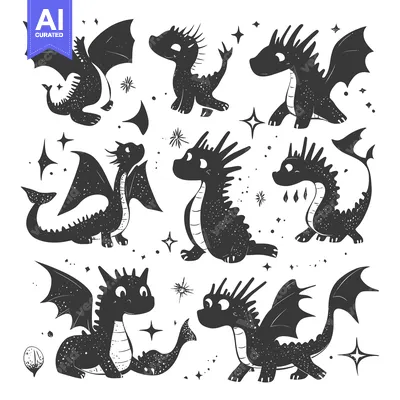 Aset premium populer: A Set of Eight Black and White Dragon Silhouettes with Stars