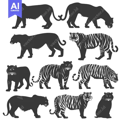 Aset desain premium: A Set of Eight Black and White Tiger Silhouettes