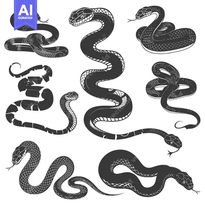 Aset desain premium: A Set of Eight Detailed Black and White Snake Silhouettes