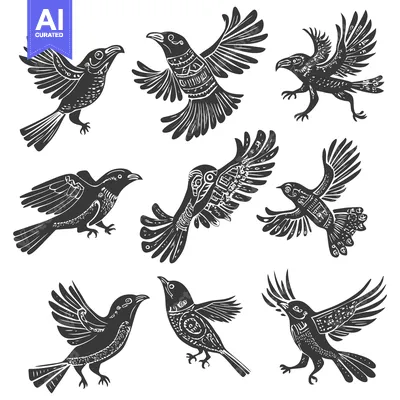 Aset desain premium: A Set of Eight Intricately Detailed Bird Silhouettes