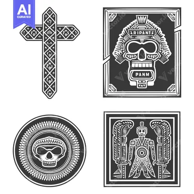 Premium design asset: A Set of Four Black and White Illustrations Featuring Aztec-Inspired I