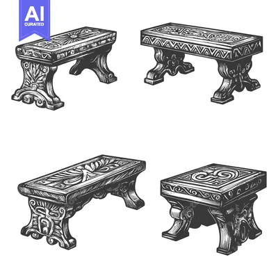 Aset premium populer: A set of four hand-drawn intricately carved wooden benches