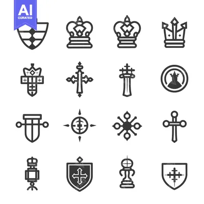 Aset desain premium: A Set of Fourteen Black and White Heraldic Icons