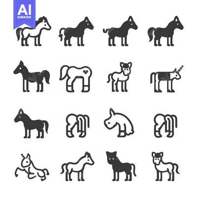 Aset desain premium: A Set of Fourteen Black and White Horse and Unicorn Icons