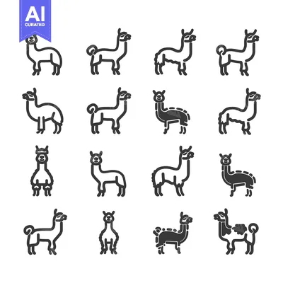 A Set of Fourteen Black and White Llama Outline Illustrations